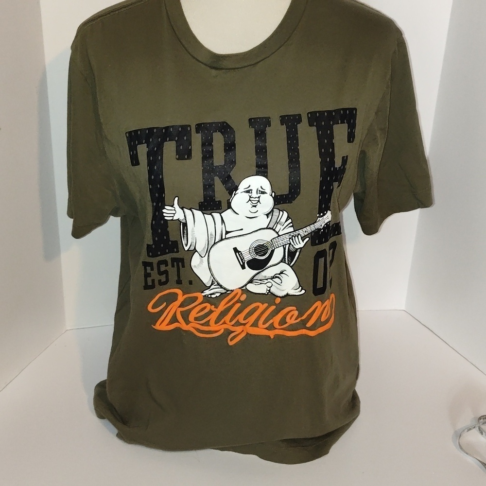 True Religion Jeans Buddha Green Black Tee Shirt Size Large